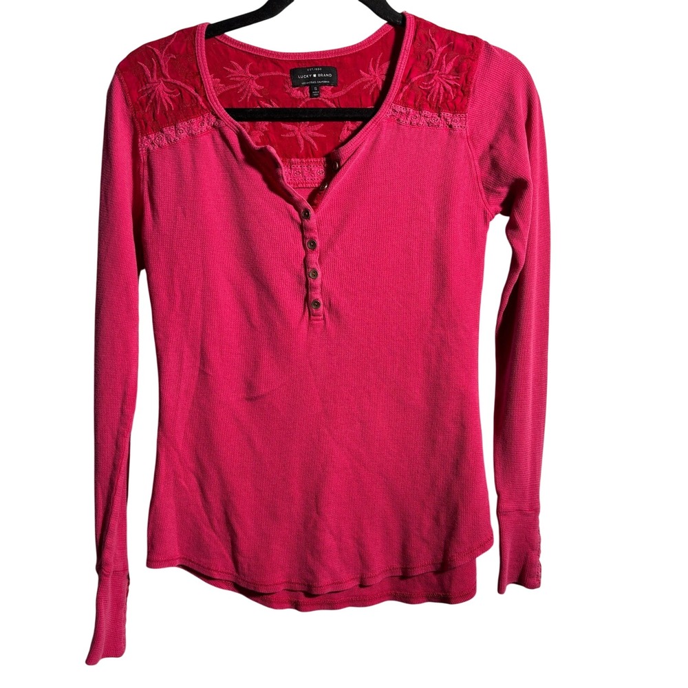 Y2K Lucky Brand Hot Pink Fitted Thermal Henley Floral Embroidery Fairy Core S